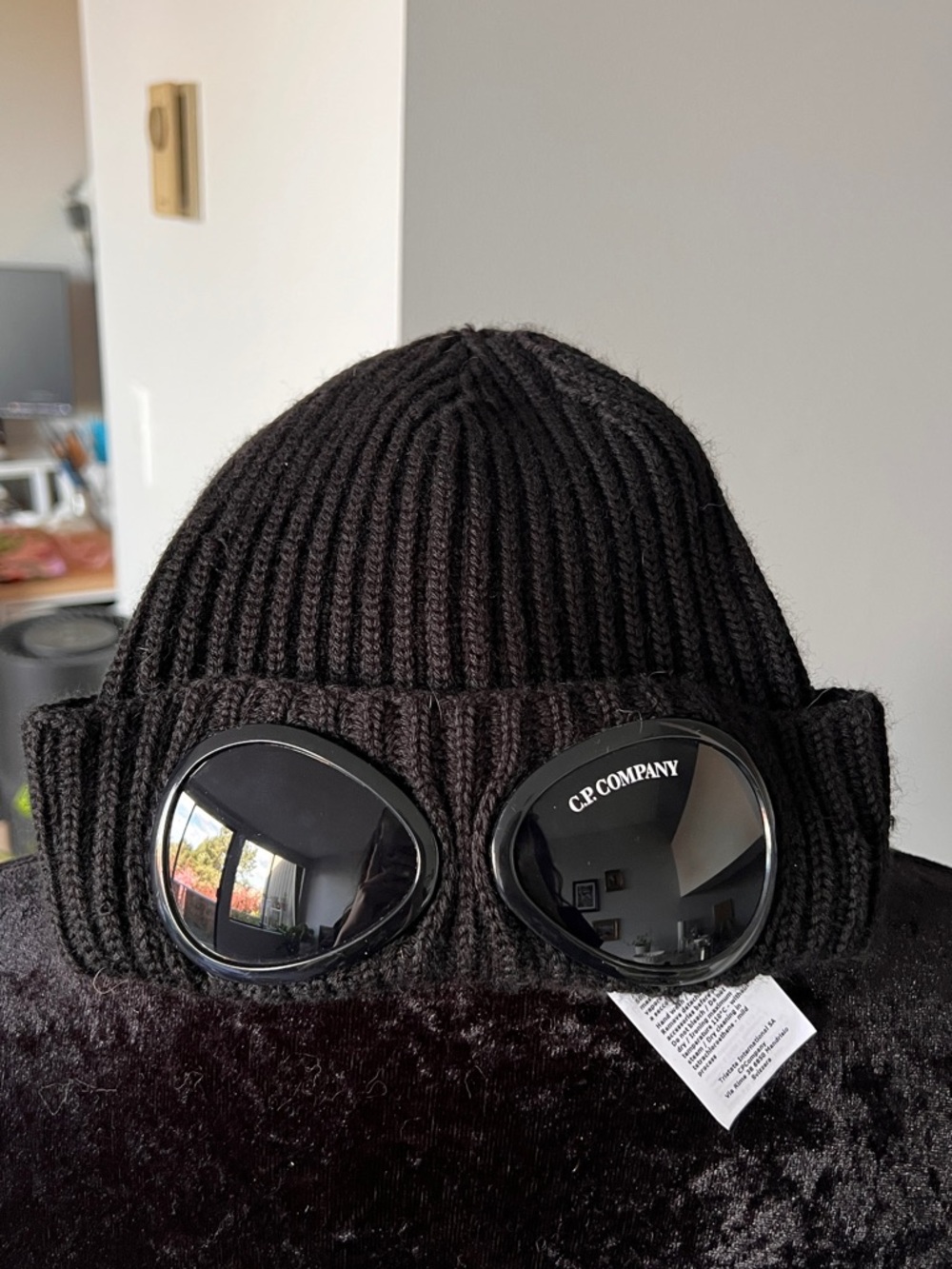 C.P. Company Black Knit Goggle Beanie with Integrated Lenses
